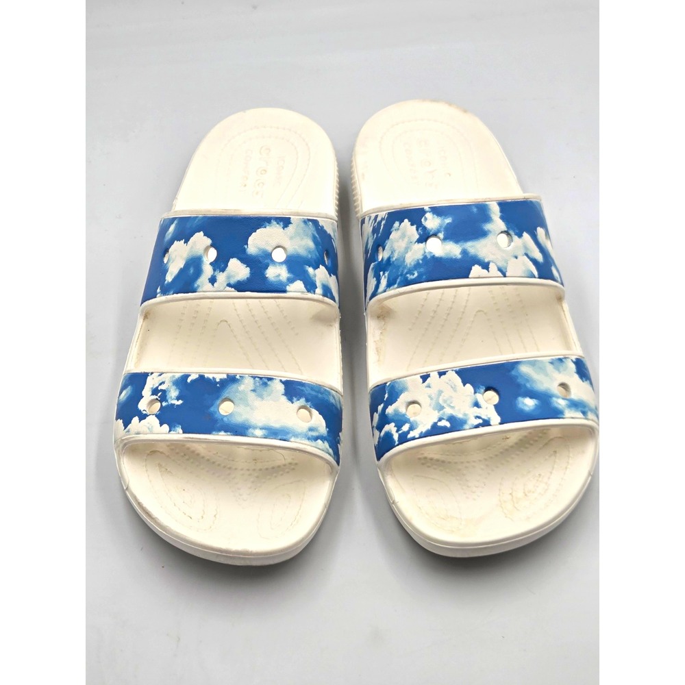 Crocs Classic Cloud Print Slide Sandals White/Blue Logo Strap Men US 11 Comfort